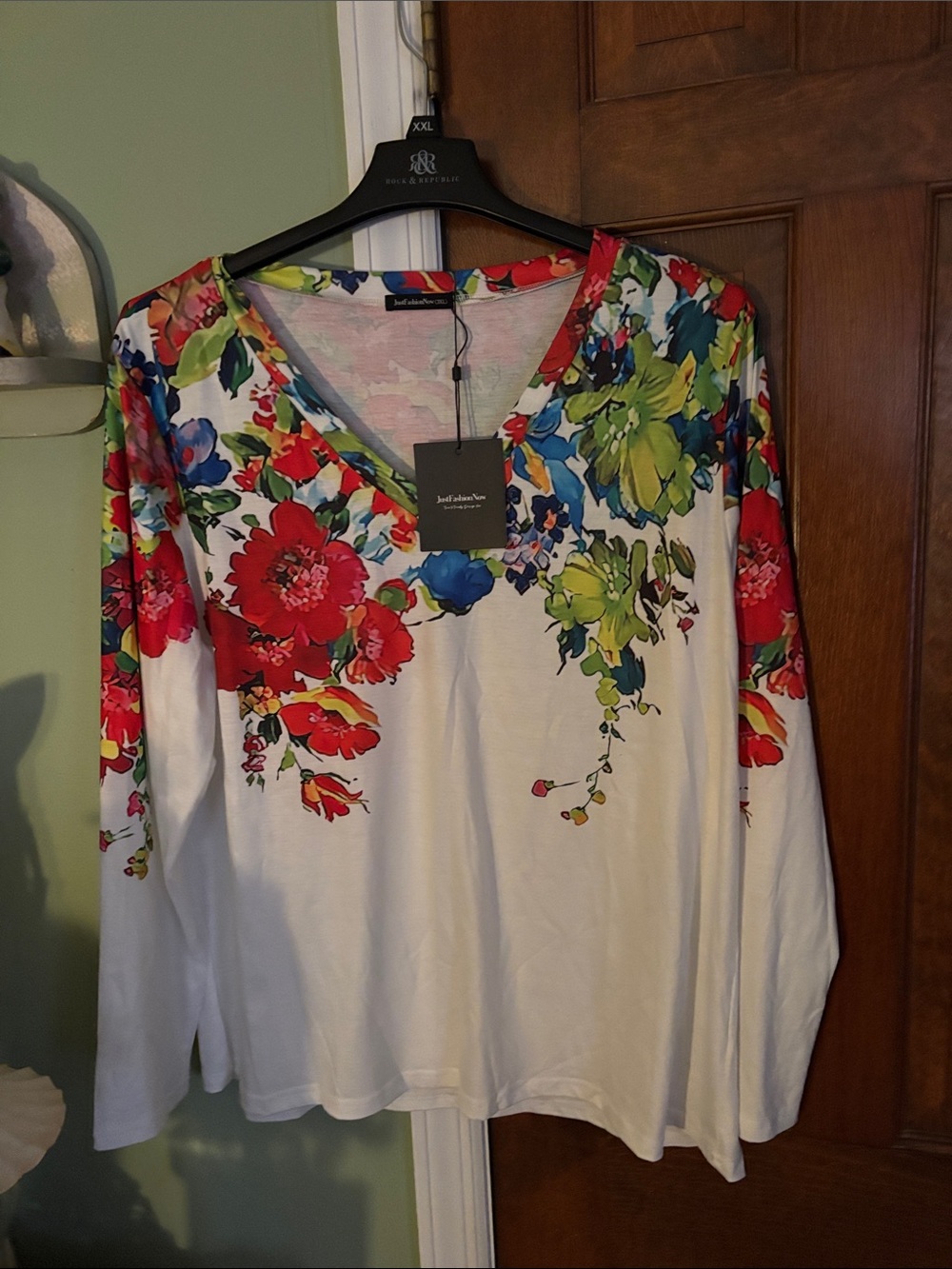 Joe Browns White Long Sleeve V-Neck Top with Red, Blue and Green Floral Print